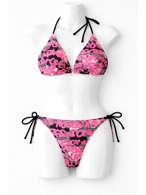 Vintage 90s Neon Pink Black Graffiti Bikini Set String Tie Y2K Swimwear
